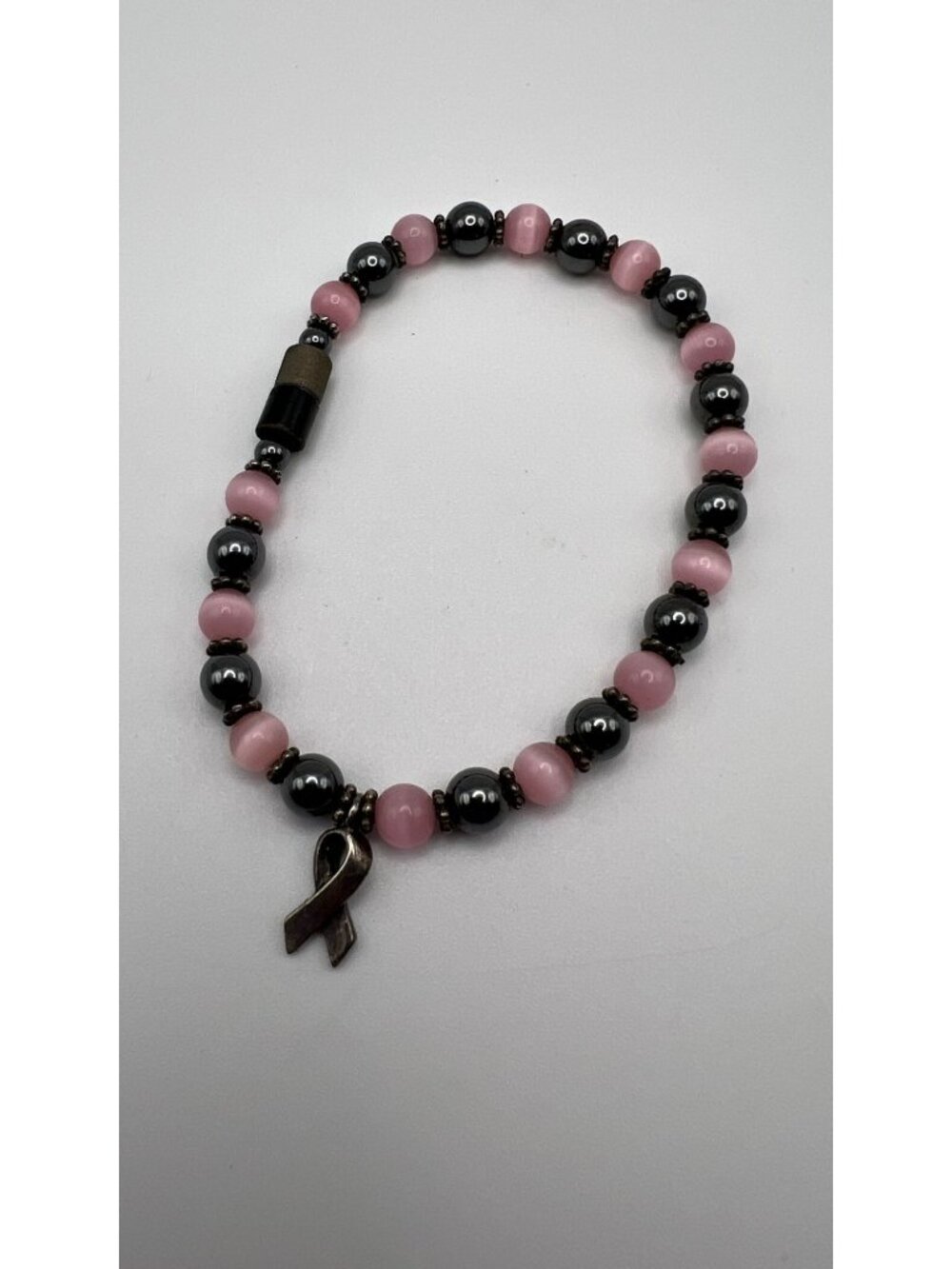 Pink & Black Awareness Ribbon Beaded Bracelet With Magnetic Clasp